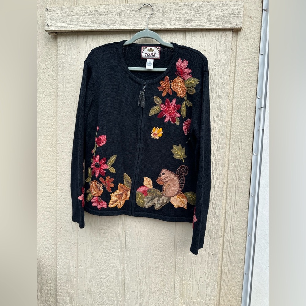 Tiara Black  Patchwork with Floral and Squirrel Embroidery Zip up Cardigan - Picture 2 of 9